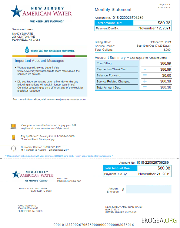 USA NEW JERSEY AMERICAN WATER utility bill Word and PDF template